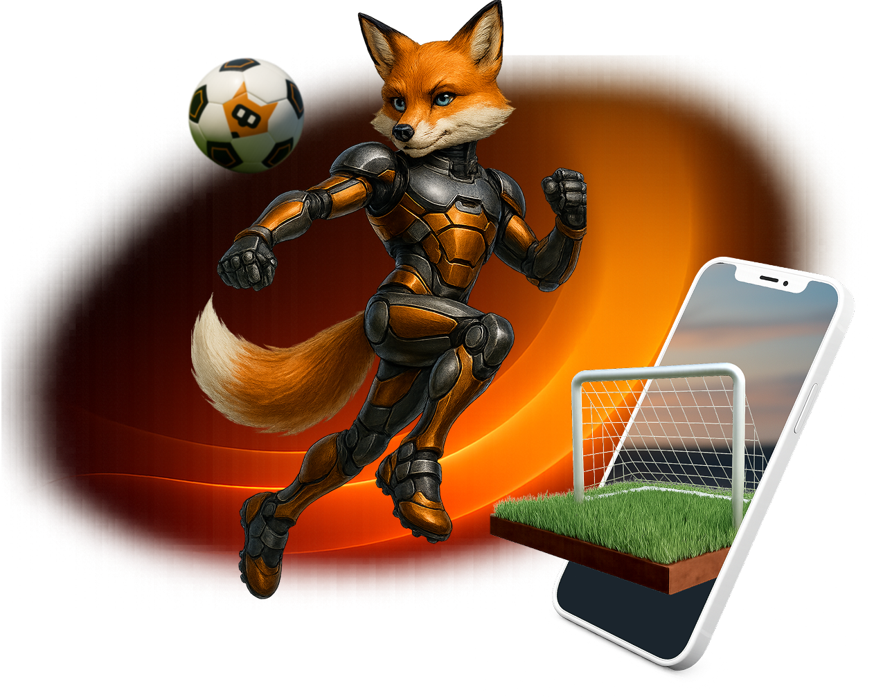The Foxsy AI fox volleying a ball beside a phone